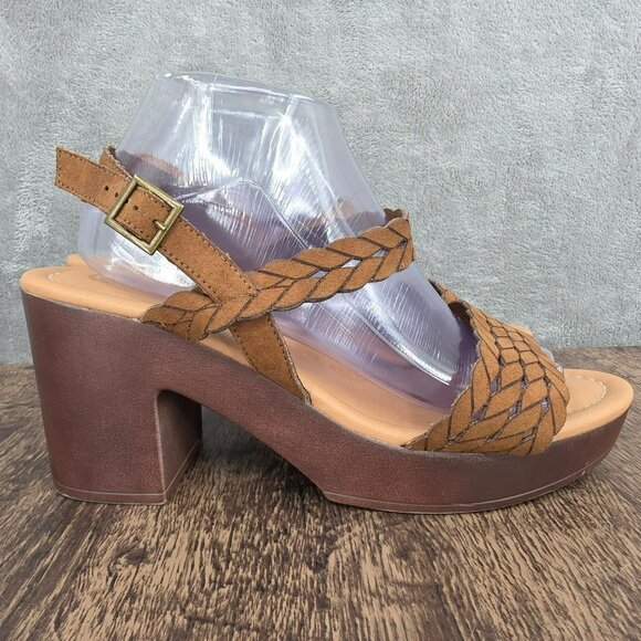 Cato Platform Block Heel Sandals 10 W Brown Faux Leather Strappy Ankle Boho Chic - Picture 6 of 14